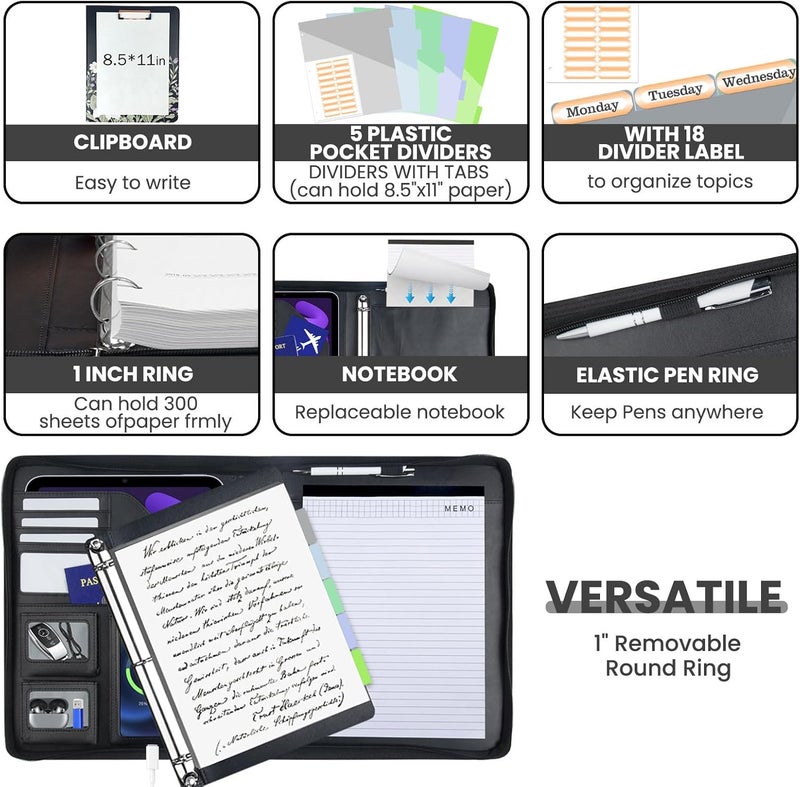 KLLVE Clipboard with Storage for Men Women, Leather Padfolio Portfolio with Zipper, 1 Inch 3 Ring Binder 5 Dividers, Notepad for Letter Size, Elastic Closure and Pen Loop, Card Slot Black Flower - Image 3